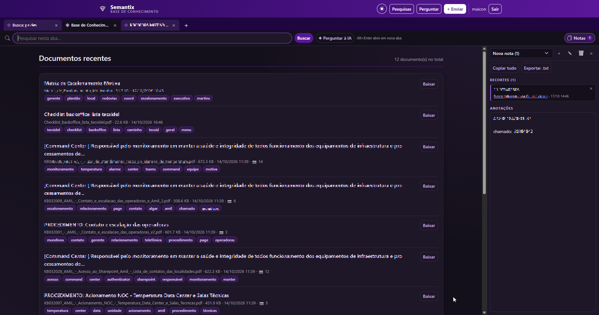 Interface principal do sistema de documentação