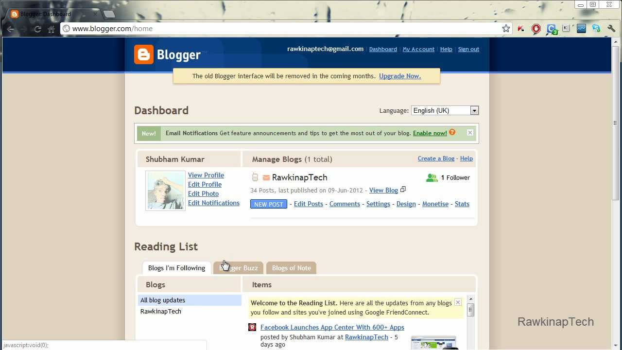 Interface de um blog antigo, típica de plataformas como Blogger